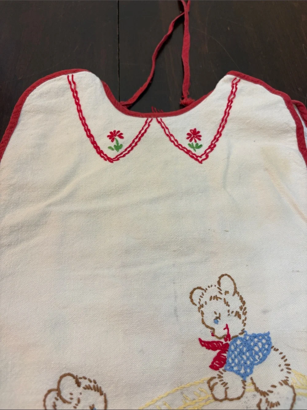 Vintage White and Red Bib Apron with Embroidered Teddy Bears